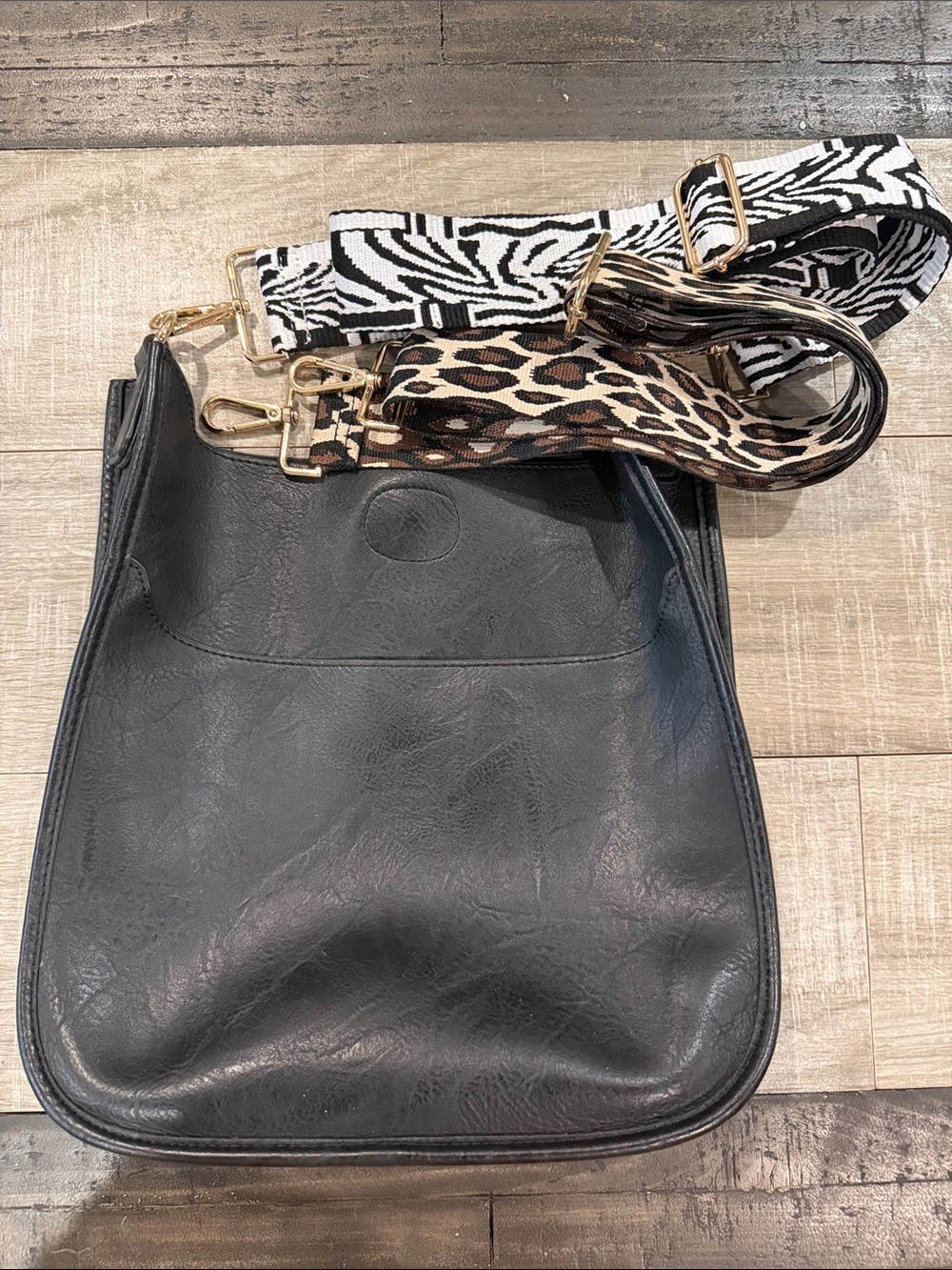 Ahdorned Classic Vegan Leather Black Crossbody Tote with 2 Animal Print Straps